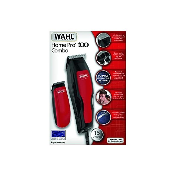 WAHL Home Pro 100 Combo tondeuse cheveux puissante fabriquée en Europe, filaire. Lame auto-affutée de qualité, ne tire pas le