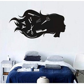 Femme aux cheveux longs ciseaux peigne clip clip et autres outils de barbier modèle, autocollant mural de décoration de vitri