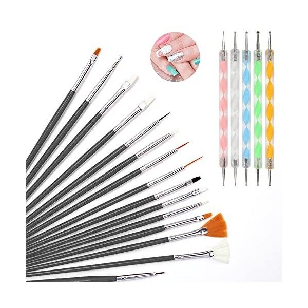 20 Pièces Brosses à Ongles,Pinceau Nail Art Ongles,Dotting Pens Tool Nail Art,Pinceaux en Détail à Ongles Trousse,Pinceau Acr