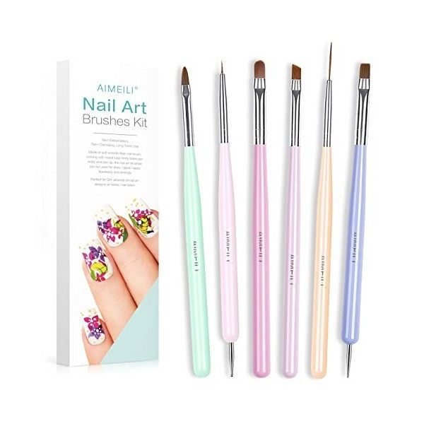 AIMEILI 6 Pièces Pinceaux à Ongles Pour Nail Art Kit de Brosse à Ongles Double Extrémité Nail Art Brushes