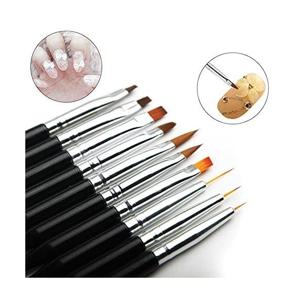 10 pièces Pinceau à ongles,pinceau pour gel UV et,pour Nail Art DIY Dessin peinture pinceau Outil à ongles Noir 