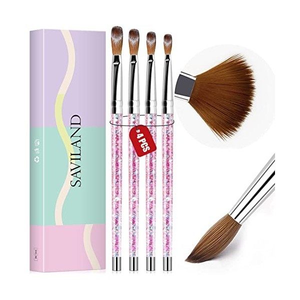 Saviland Lot De 4 Pinceaux pour Ongle Professionnels, Application De Poudre Acrylique, Ongle 3D Nail Art Avec Manche Pailleté