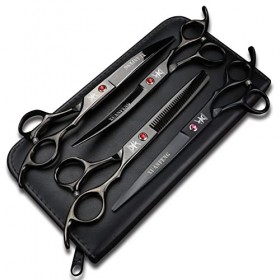 XUANFNEG Lot de 4 ciseaux de coupe noirs de 17,8 cm, peigne en acier, ciseaux à plier et ciseaux à effiler fabriqués en acier