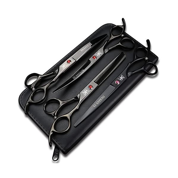 XUANFNEG Lot de 4 ciseaux de coupe noirs de 17,8 cm, peigne en acier, ciseaux à plier et ciseaux à effiler fabriqués en acier