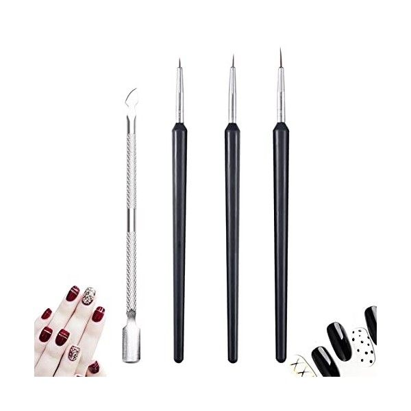 Ikadiya Pinceaux à Ongles Kit[4 Pièces], 3 Pinceaux en Détail à Ongles, 1 Outil Poussoir À Cuticules, Brosses de Ongle Art, P