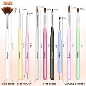 Bomtop 9 Pièces Pinceau nail art ongles, Pinceaux en Détail à Ongles, pinceau acrylique ongle, pinceau ongle gel Pour Vernis 