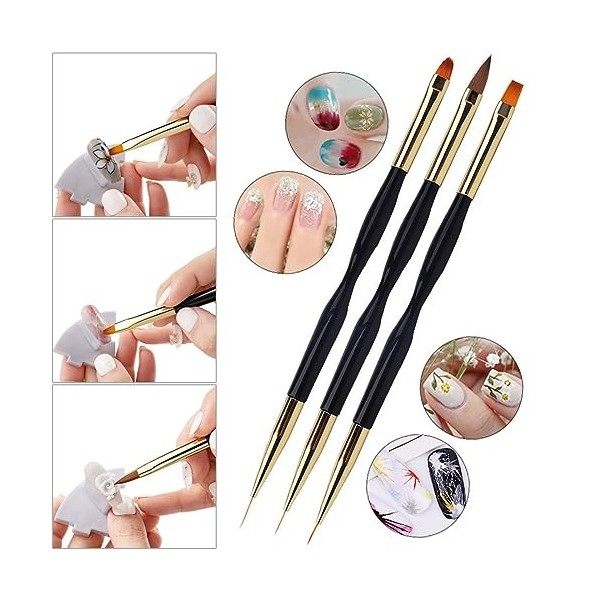 MDYNI Lot de 3 pinceaux de peinture à double extrémité en gel UV pour nail art et polygels