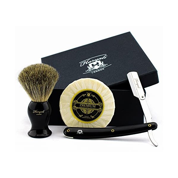 Kit De Rasage Haryali London - Kit De Rasage 3 Pièces - Rasoir Coupe-Gorge - Blaireau Super Badger Hair - Savon À Raser - Ens