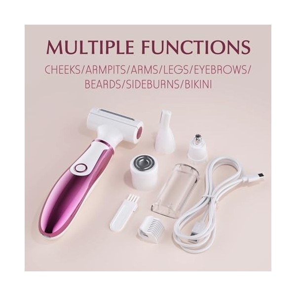 Rasoir Électrique Pour Femme, 4 en 1 épilateur facial, tondeuse à poils du nez, tondeuse à sourcils et tondeuse bikini pour f