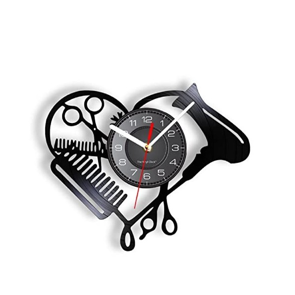 JKLMZYT Salon de Coiffure Outils Disque Vinyle Horloge Murale beauté Salon de Coiffure en Forme de Coeur sèche Ciseaux Peigne