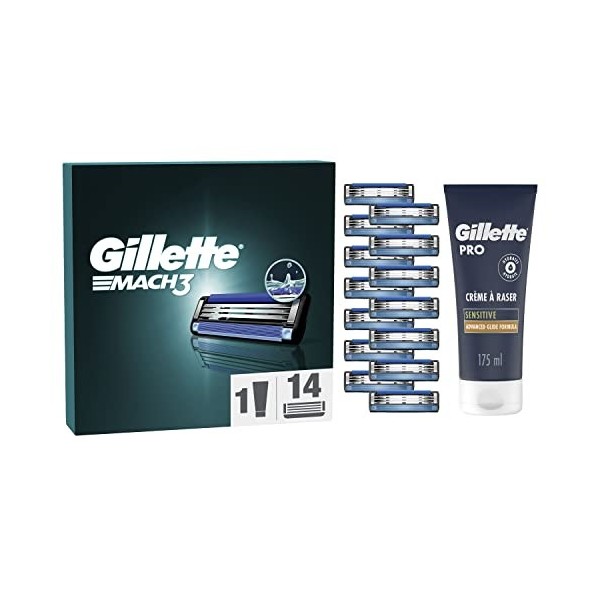 Gillette Mach3 Recharges De Lames Pour Rasoir Pour Homme x14 + Crème À Raser Gillette PRO Pour Peau Sensible 175ml