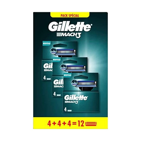 Gillette Mach3 Recharges De Lames De Rasoir Pour Homme, 12 Recharges De Lames, Pack 4 x 3 Lames, Rasage Confortable