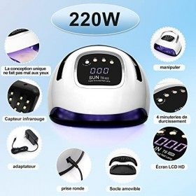 LKE Lampe UV Ongles Gel, 220W Lampe Ongles Gel avec poignée, 4 minuteries, écran LCD HD, base amovible, machine a LED UV pour