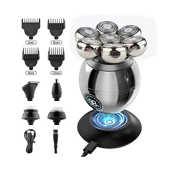 FUUIE Barbier électrique pour - Tête chauve rechargeable - 7 têtes flottantes - Tondeuse à barbe et nez