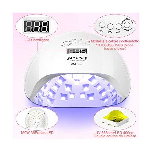 Nailgirls Lampe Sechage Ongles,150W Lampe Led UV Pour Ongles séchoirs à ongles  Professionne Machine Lampe UV Ongle Avec Capt