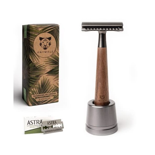 ANYMALE® Rasoir en bois de noyer - Set avec support et 5 lames ASTRA - Zero Waste Rasoir pour hommes et femmes