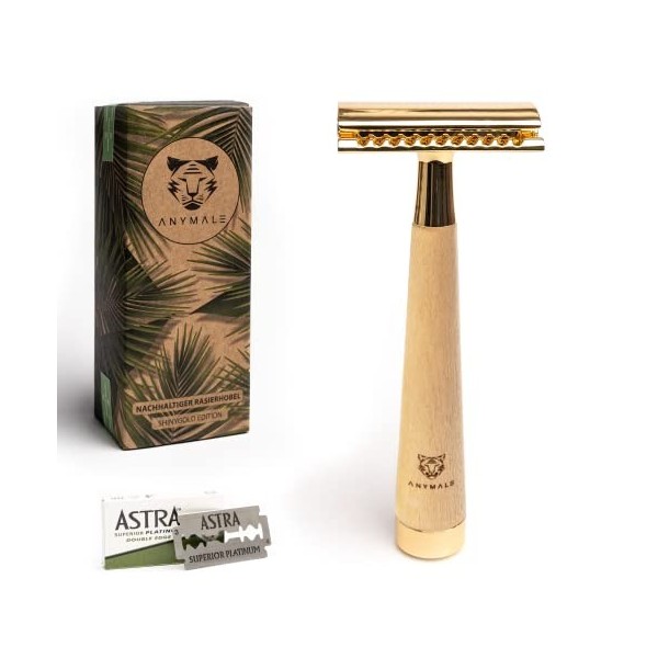 ANYMALE® Rasoir en bois de noyer - Set avec support et 5 lames ASTRA - Zero Waste Rasoir pour hommes et femmes