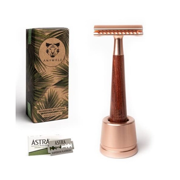 ANYMALE® Rasoir en bois de noyer - Set avec support et 5 lames ASTRA - Zero Waste Rasoir pour hommes et femmes