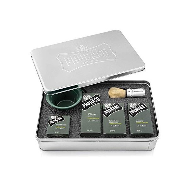 Proraso Shaving Metal Kit Cypress & Vetyver 6 pièces Soin du rasage Eau de Cologne, pinceau, bol 1,8 kg