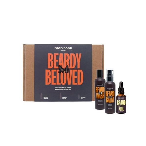 Men Rock Beard Care Gift Set with Beard Wash, Beard Balm and Beard Oil to Keep Beard Under Control, Earthy Oak Moss Fragrance