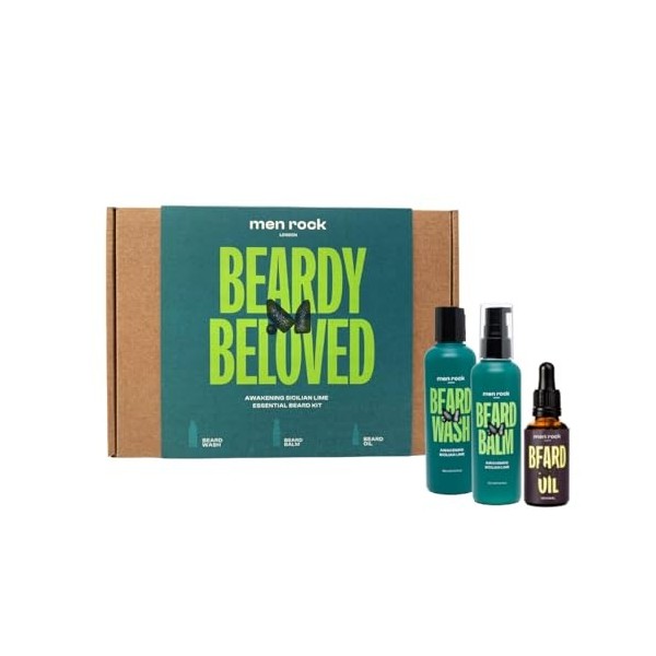 Men Rock Beard Care Gift Set with Beard Wash, Beard Balm and Beard Oil to Keep Beard Under Control, Sicilian Lime and Caffein