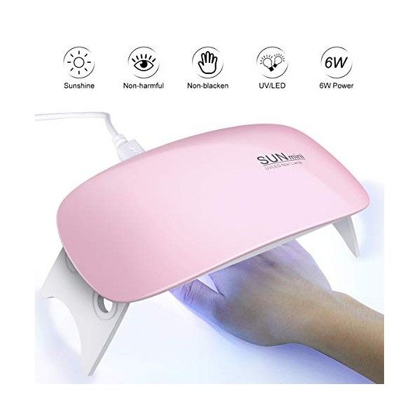 YoungRich Rose Lampe UV Sèche Ongles 6W Portable LED Lampes Séchoir à Ongles pour ongles Gel Vernis À Ongles Manucure avec 6 