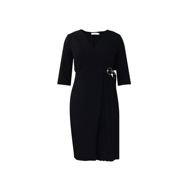 Hopeup Robe Femme Automne Printemps Taille Haute Col en V Plissé Ourlet Asymétrique Demi Manches Longueur Genou Couleur Unie 