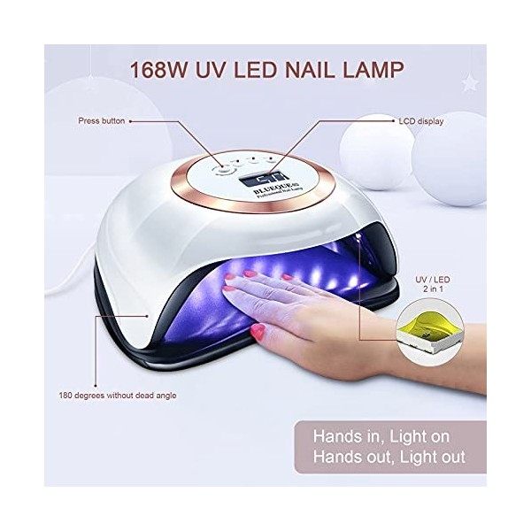 Lampe UV LED à ongles, 168 W, lampe de durcissement en gel pour ongles des doigts, des orteils avec capteur intelligent, 3 mi