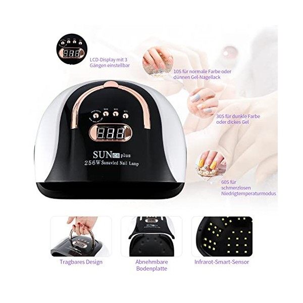 LIARTY Sèche-ongles Lampe 256W Portable Lampe UV Sèche Ongles Professionnel avec LCD Ecran,4 Minuteries 10/30/60/99S pour Ver