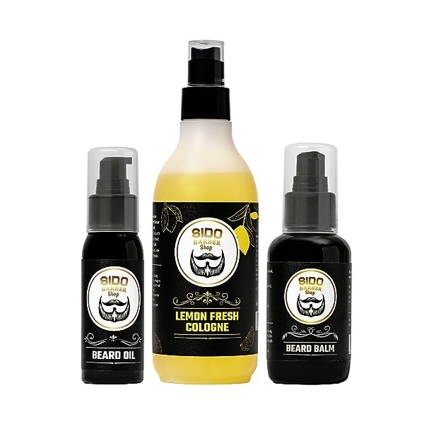 SIDO BARBER Lot de 3 produits dentretien de barbe avec huile à barbe, baume à barbe et spray Cologne - Produits de soin de b