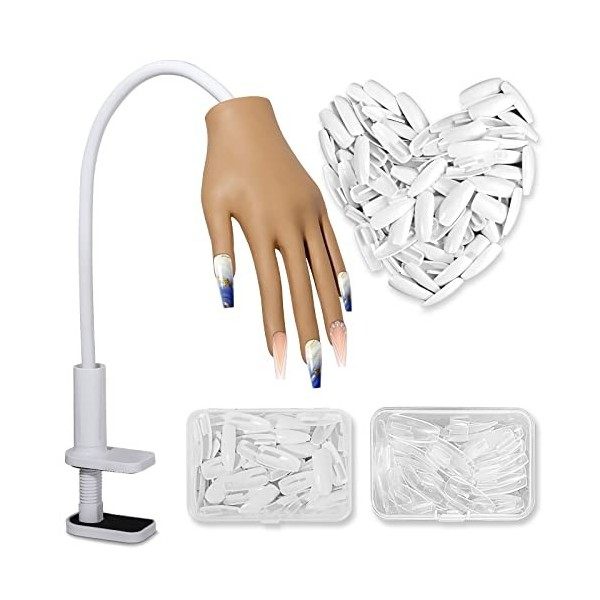 Yokilly Main d Entrainement Pour Ongle,Silicone Main Dentrainement Manucure Avec 200 Faux Ongles,Professionnels Flexible Rég