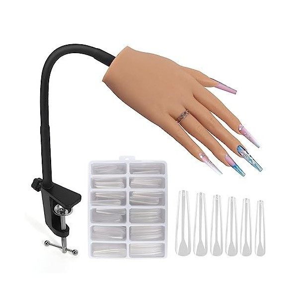 Deciniee Main dEntrainement Manucure, Ajustable Silicone Mains d Entrainement Ongles avec 240 Pièces 3XL Clair Faux Ongles,F