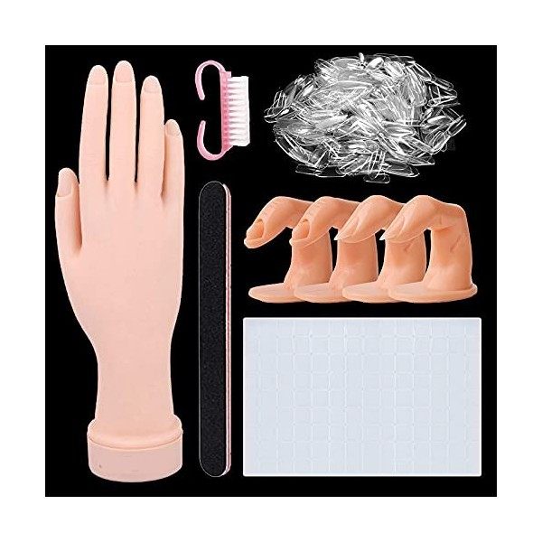 Main de pratique pour les ongles en acrylique, doigts flexibles et flexibles pour la manucure avec 500 faux ongles transparen