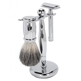 Lot de 3 blaireaux de rasoir et support, kit de rasage en métal, blaireau à cheveux doux, support de blaireau de rasage humid