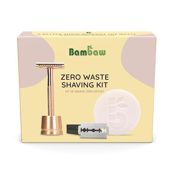 Bambaw Kit Rasage pour Femme Zéro Déchet – Rasoir de Sureté avec Support, 10 Lames et Savon de Rasage à l’Abricot, Coffret Ca