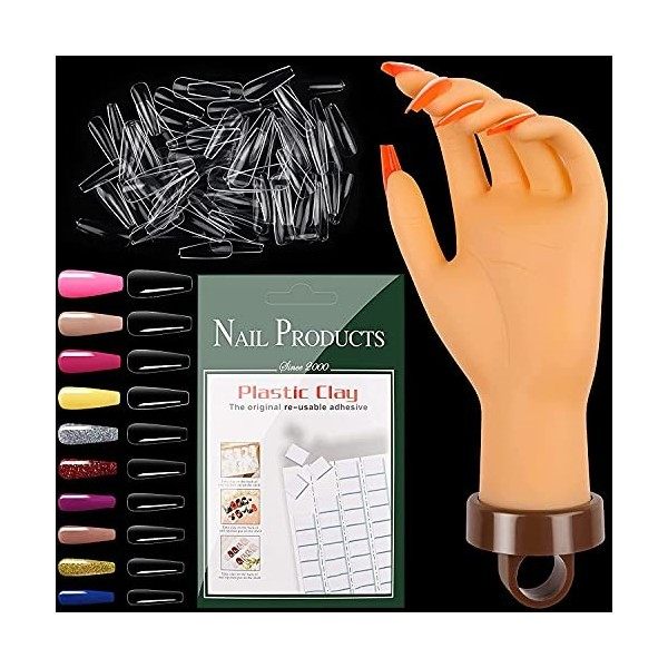 EBANKU – Main dentraînement pour les ongles, fausse main flexible pour ongles acryliques avec 54 pièces dargile blanche et 