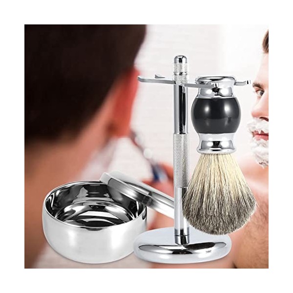 Kit Doutils de Rasage Professionnel avec Support pour Hommes, Brosse à Cheveux en Faux Blaireau et Bol à Savon en Alliage – 