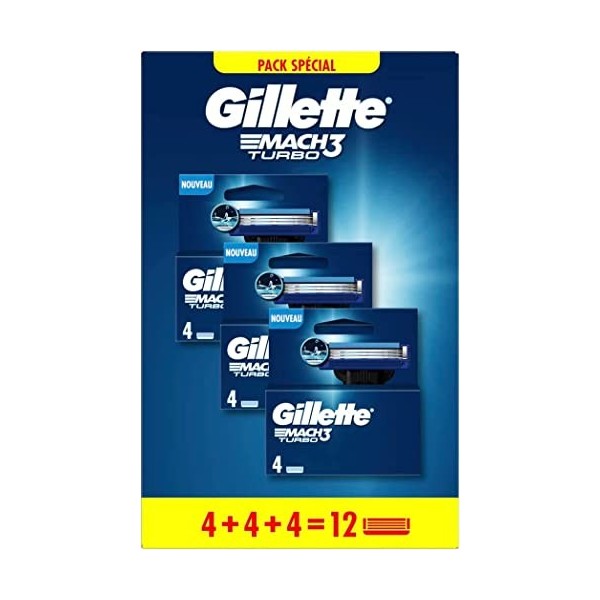 Gillette Mach3 Turbo Recharges De Lames De Rasoir Pour Homme, 12 Recharges De Lames, Pack 4 x 3 Lames, Rasage Confortable