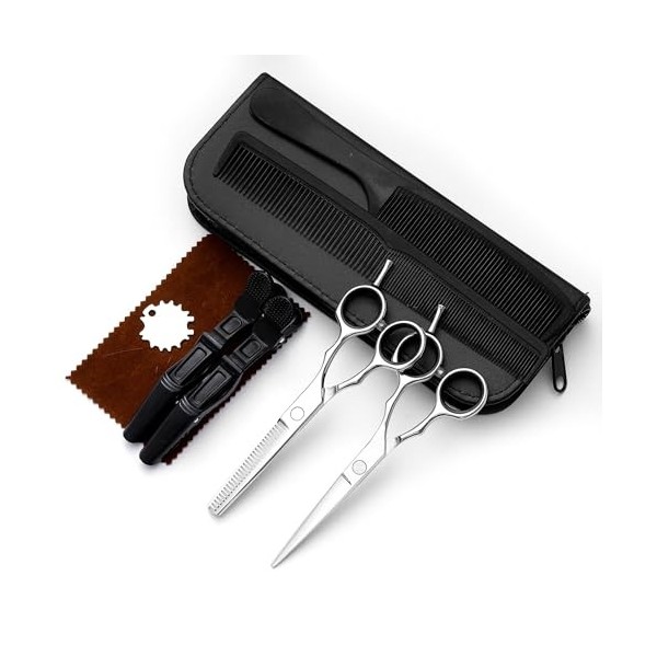 Kit de ciseaux de coiffure, 5,5 pouces de caisson de coiffis noir et argenté 6Cr Ciseaux plats Ciseaux ciseaux de cheveux cas