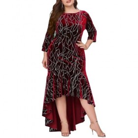 Hopeup Robe Longue à Manches Trois Quarts pour Femmes, Ourlet irrégulier, col Rond, Grande Taille, Coupe cintrée, Taille Haut