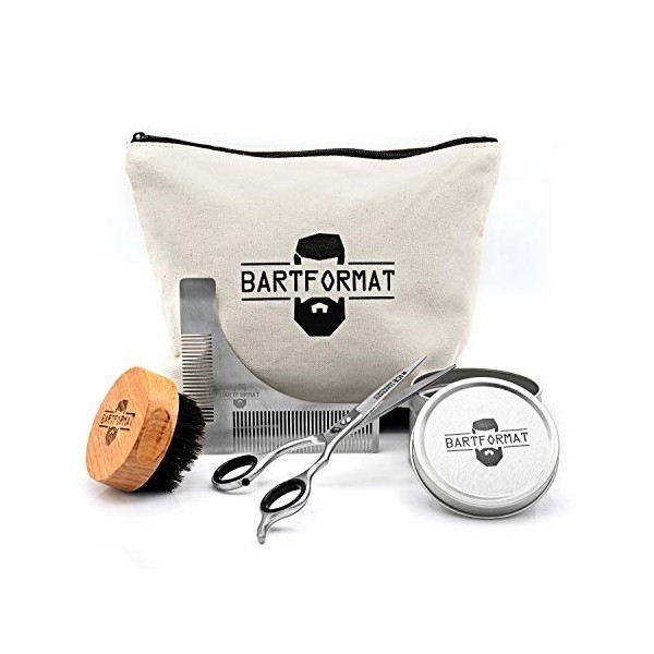 BARTFORMAT® Kit dentretien de barbe 4 pièces avec ciseaux XL + pochoir de rasage + brosse à barbe + trousse de toilette Kit 