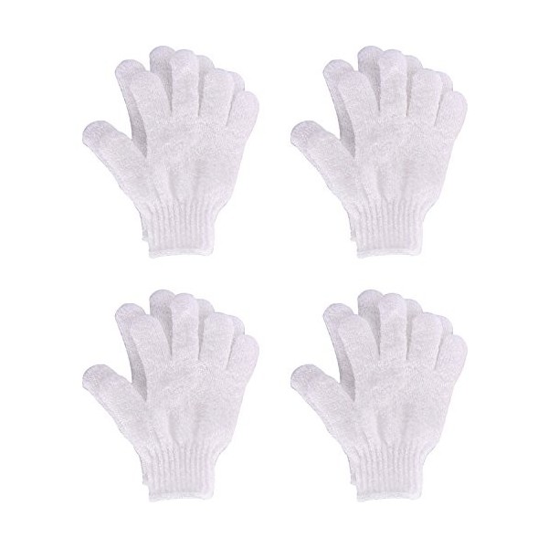 4 Pairs Gants de Douche Gants de Gommage Gants Exfoliants à Double Face Brosses de Bain pour le Corps, Blanc