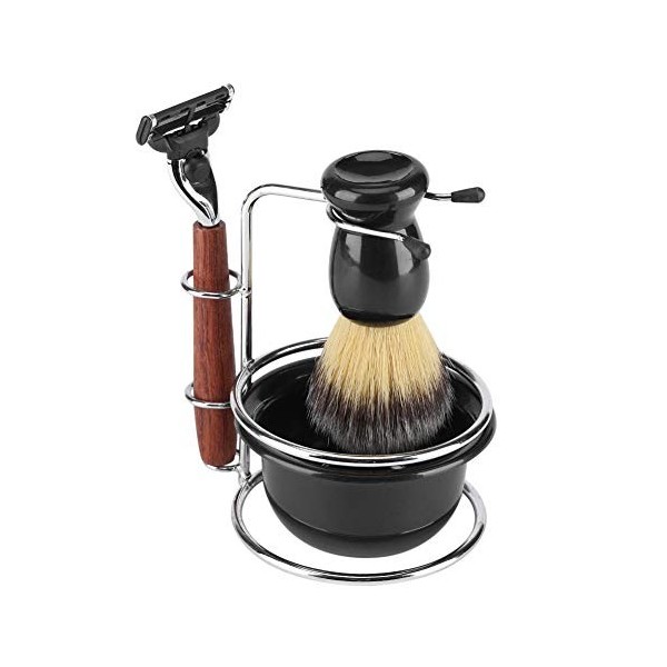 Kit de Rasage pour Rasoir 4 pièces avec Rasoir Manuel Support de Support en Acier Inoxydable Brosse et Bol Ensemble de Brosse