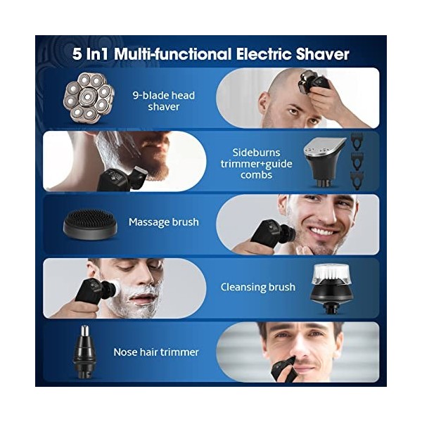 Rasoir Electriques Hommes Cheveux, 6 en 1 Rasoir Crane, Rasoir 9D Flottant Étanche Humide Sèche Rechargeable USB avec Écran L