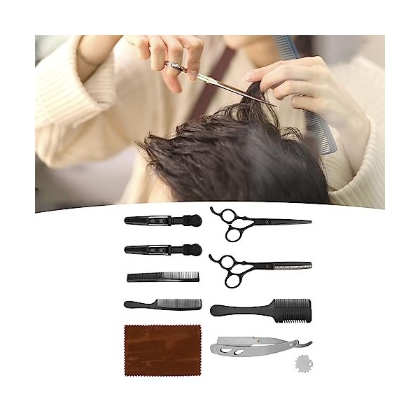 Kit de Ciseaux de Coupe de Cheveux, Ensemble de Ciseaux en Acier Inoxydable avec Clip, Peigne, Cape, Rasoir, adapté aux Profe