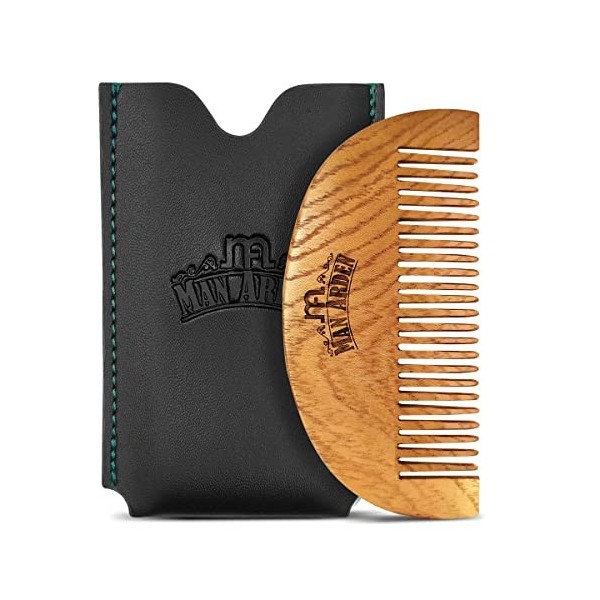 Man Arden - Peigne à barbe en bois de neem pur avec pochette en cuir synthétique de qualité supérieure