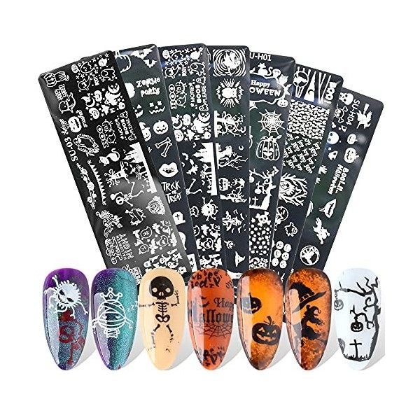 JMEOWIO 6 Pcs Nail Art Plaques Stamping Halloween Décoration crâne fantôme Ongles Design Manucure