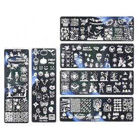 JMEOWIO 6 Pcs Nail Art Plaques Stamping Halloween Décoration crâne fantôme Ongles Design Manucure