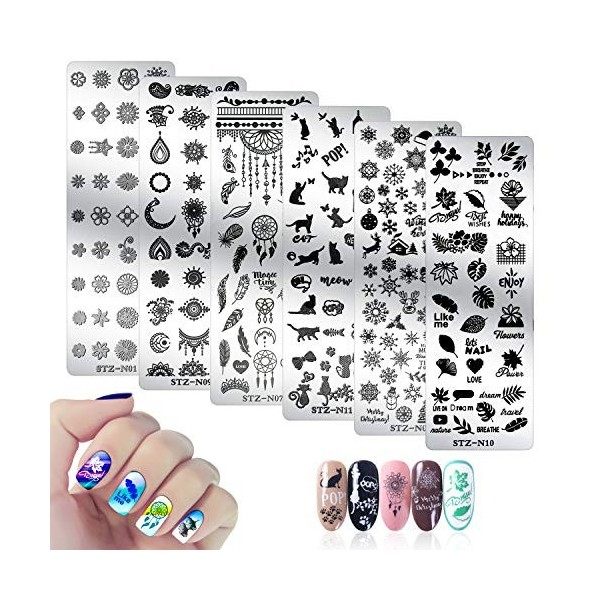 MWoot 6Pcs Nail Stamping Plate Modèle dimage Star Flower Naturel Flocons De Neige Dhiver De Noël Mignon Animal Theme Manucu