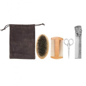 Ensemble de toilettage de barbe 4 en 1, kit de soin de barbe avec peigne en acier inoxydable, peigne double face en bois, bro